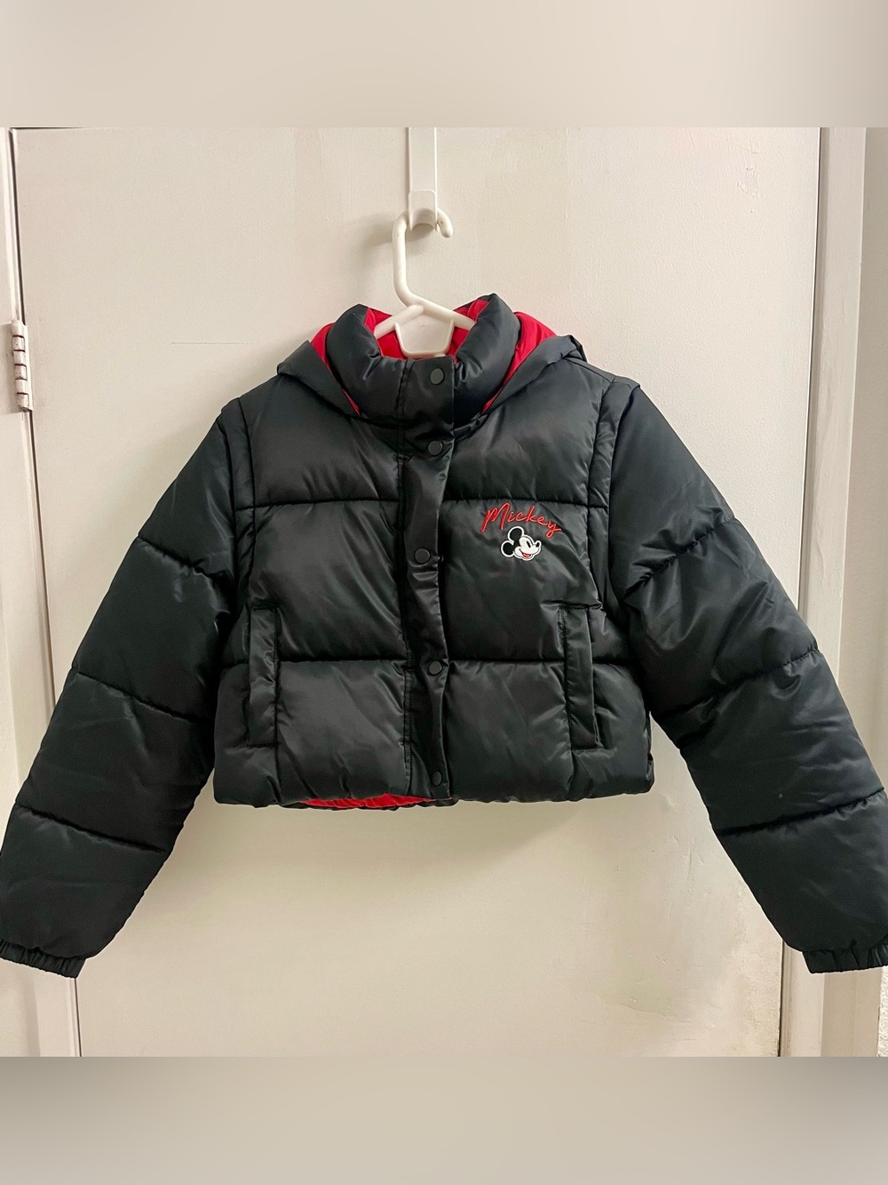 Black Puffer Jacket with Red Hood Lining and Mickey Embroidery
